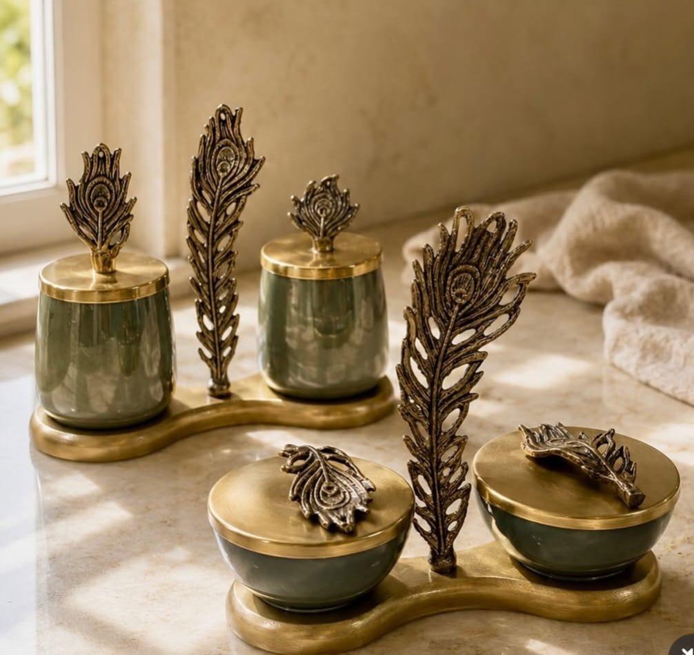 Brass Peacock Feather Jars Set