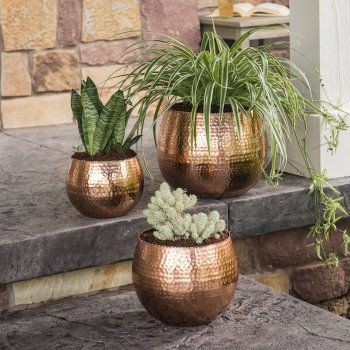 Hammered Copper Round Planter Set