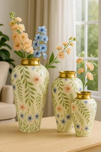 Floral Patterned Metal Vases Set