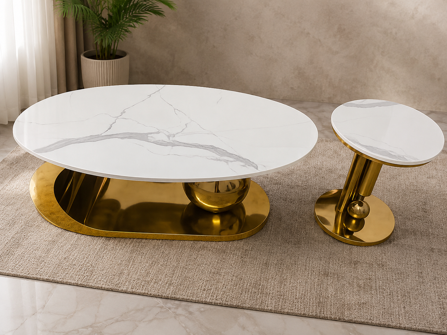 Brass Pedestal Table with Marble