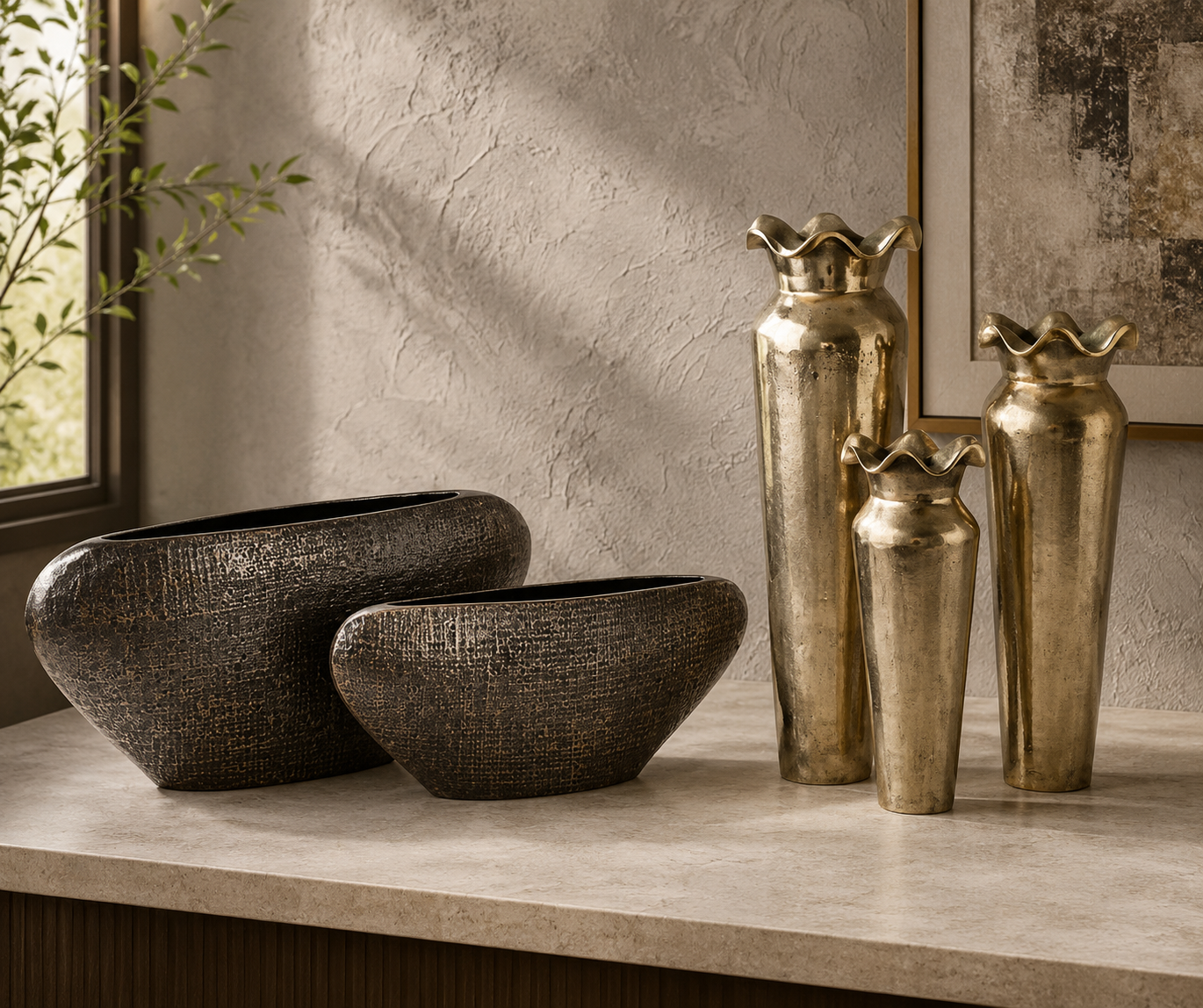 Gold and Bronze Textured Vases Set