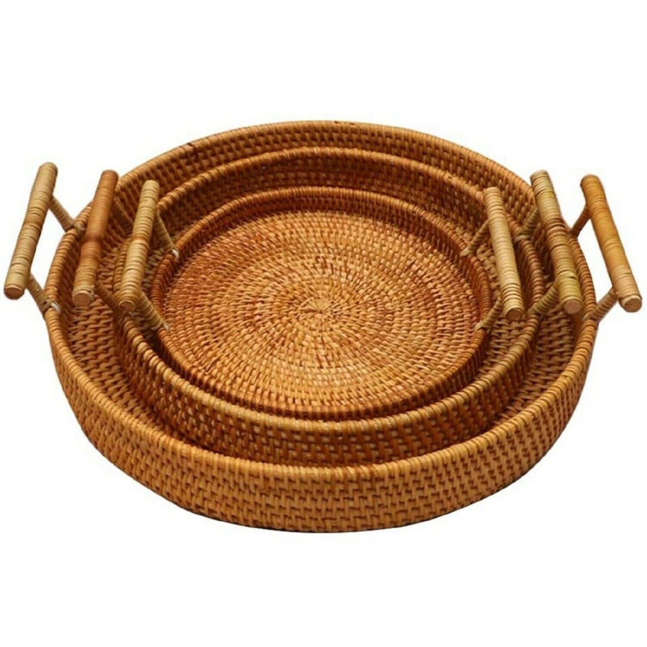 Rattan Round Trays with Handles – Set of 3