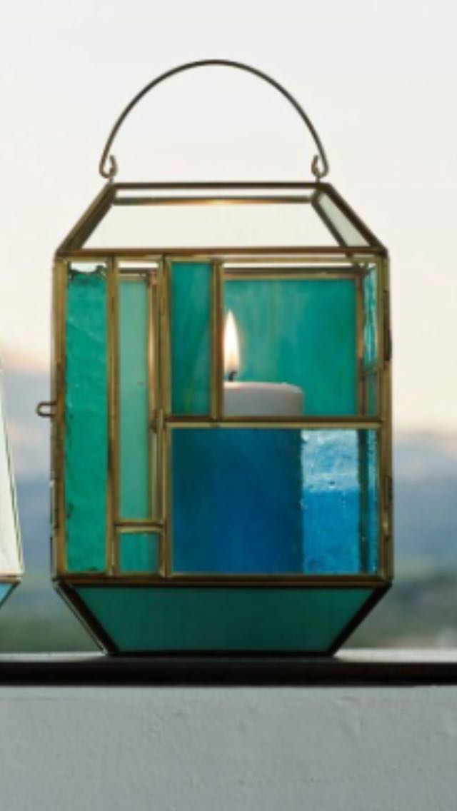 Brass & Teal Glass Lantern