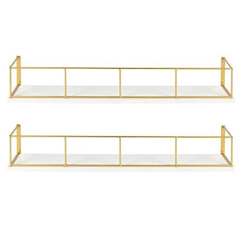 Floating Wall Shelves – Set of 2 (White & Gold)