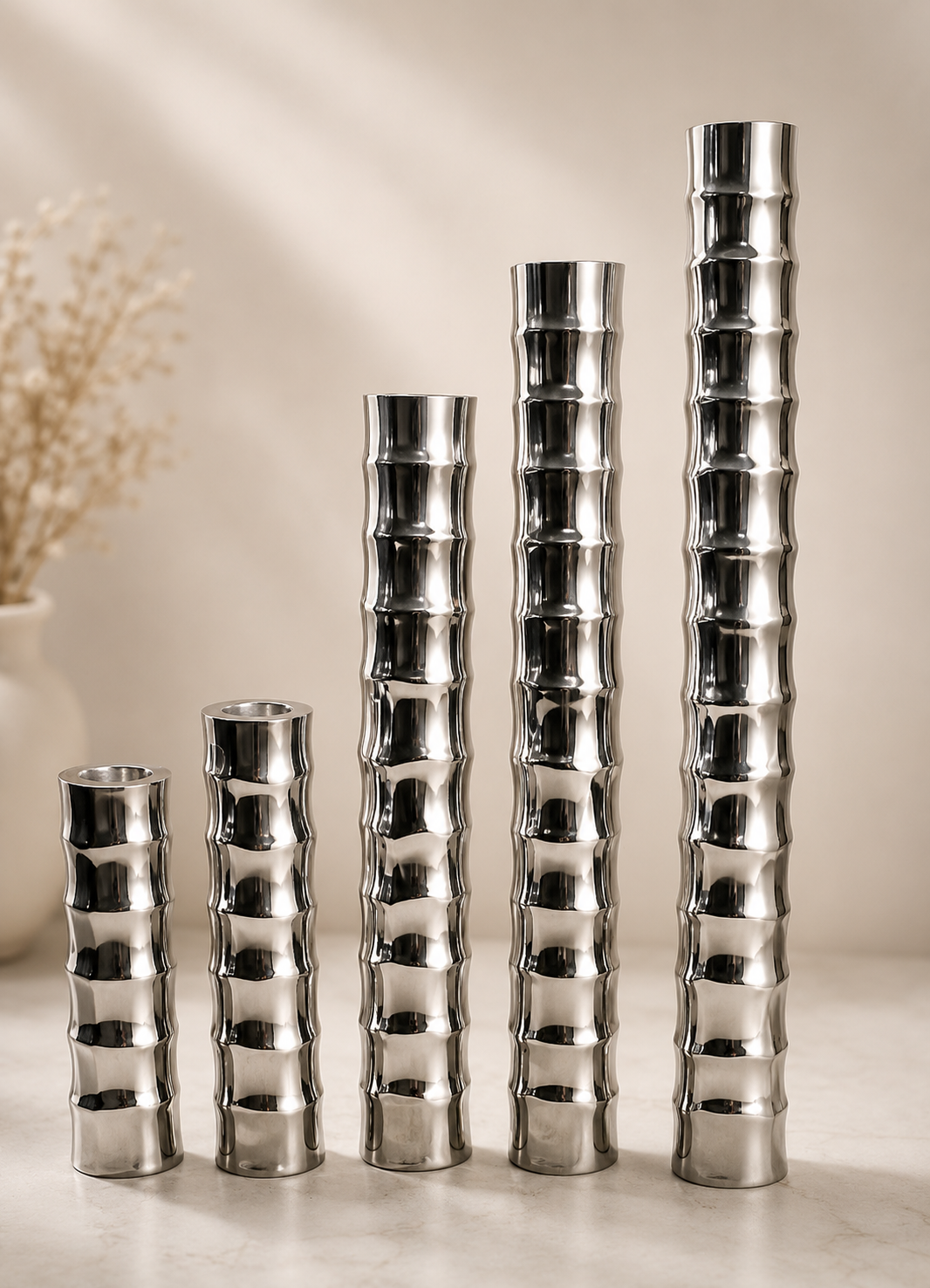 Polished Silver Bamboo Vases Set