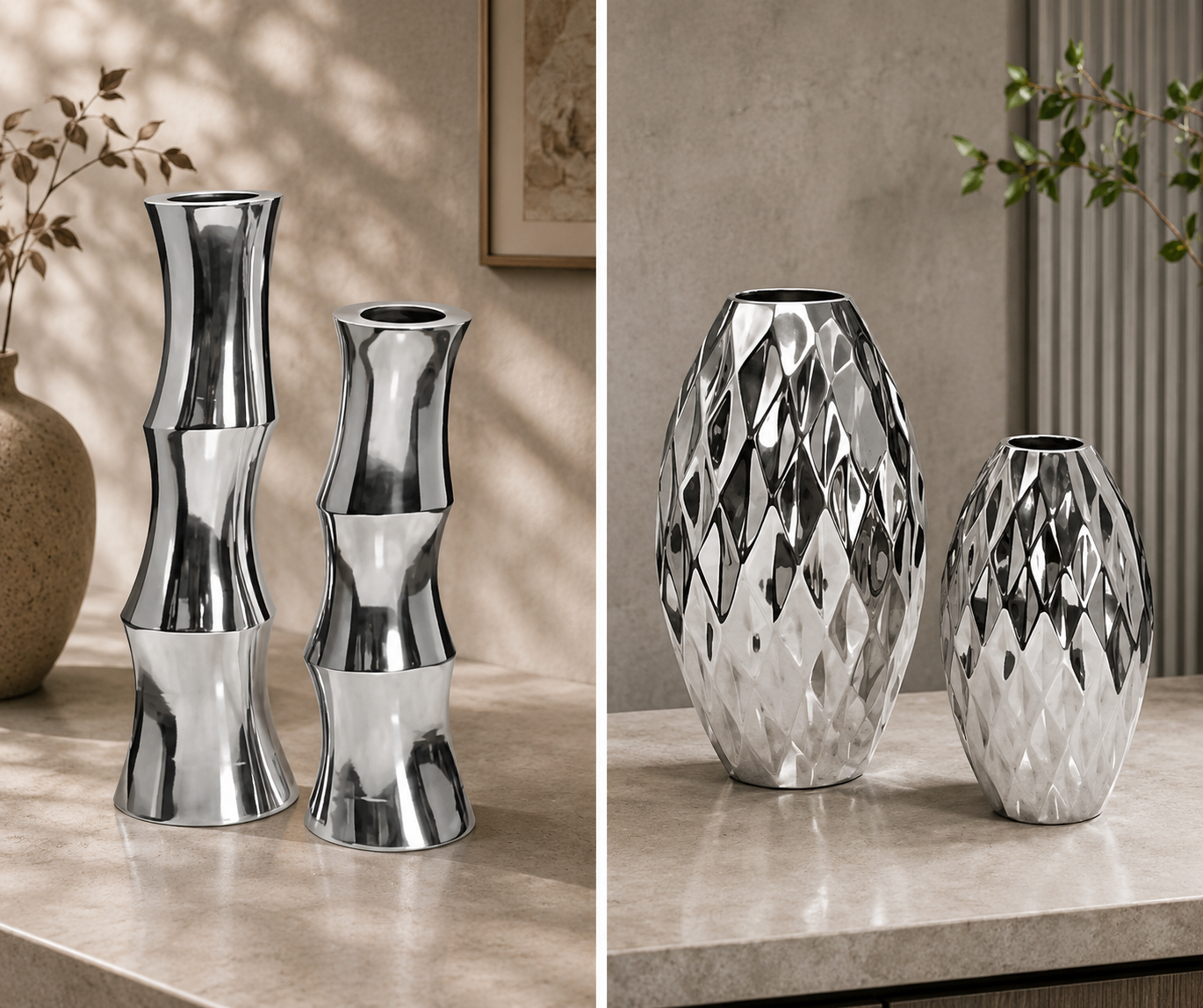 Polished Silver Sculptural Vases