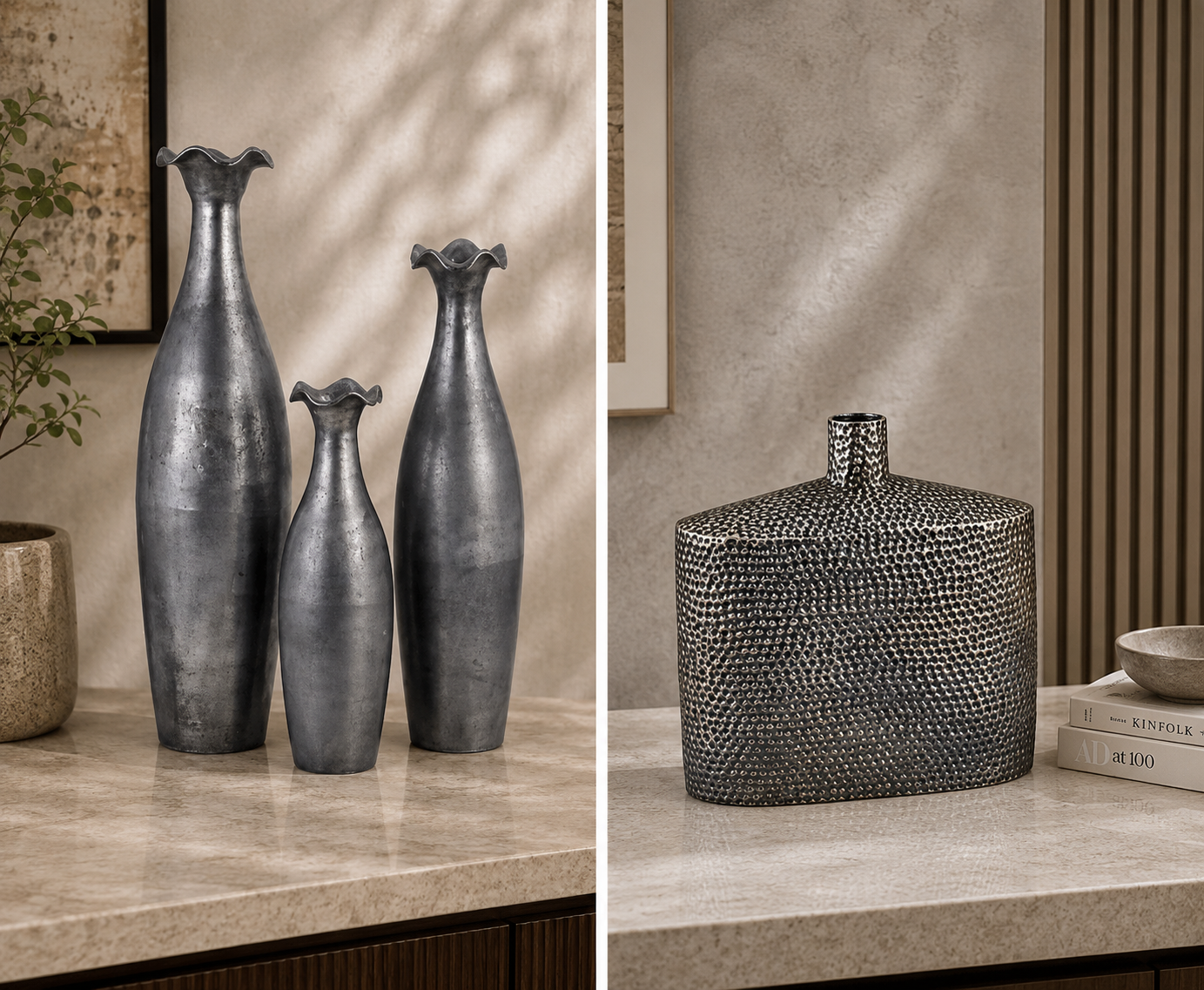 Set of Three Iron Fluted Vases