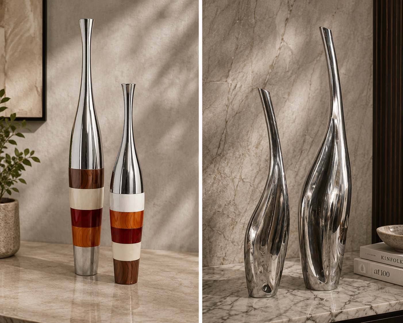 Tall Polished Metal Vases Set