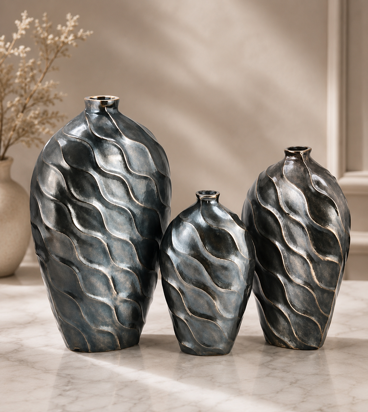 Wavy Patterned Metal Vases