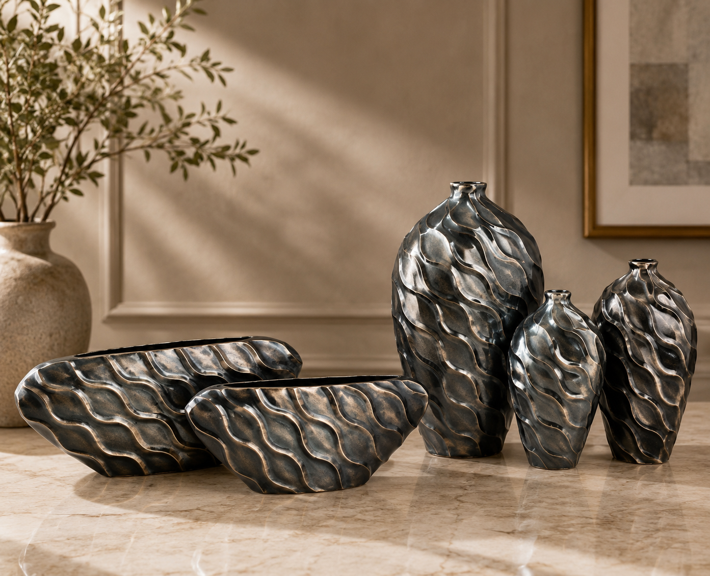 Wavy Patterned Metal Vases